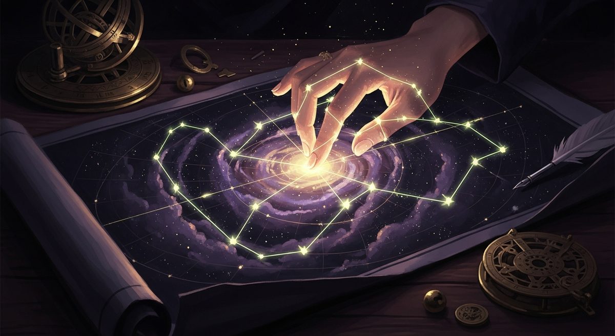 A hand tracing constellation lines across an open celestial map