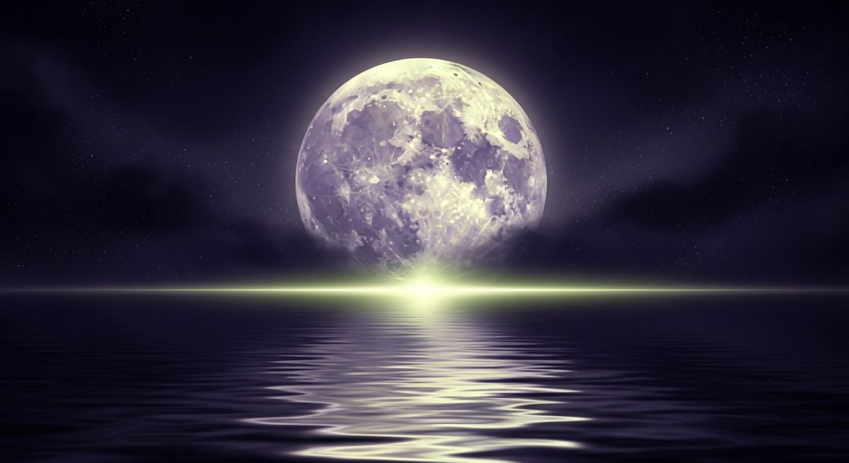 A great luminous moon reflected in dark still water