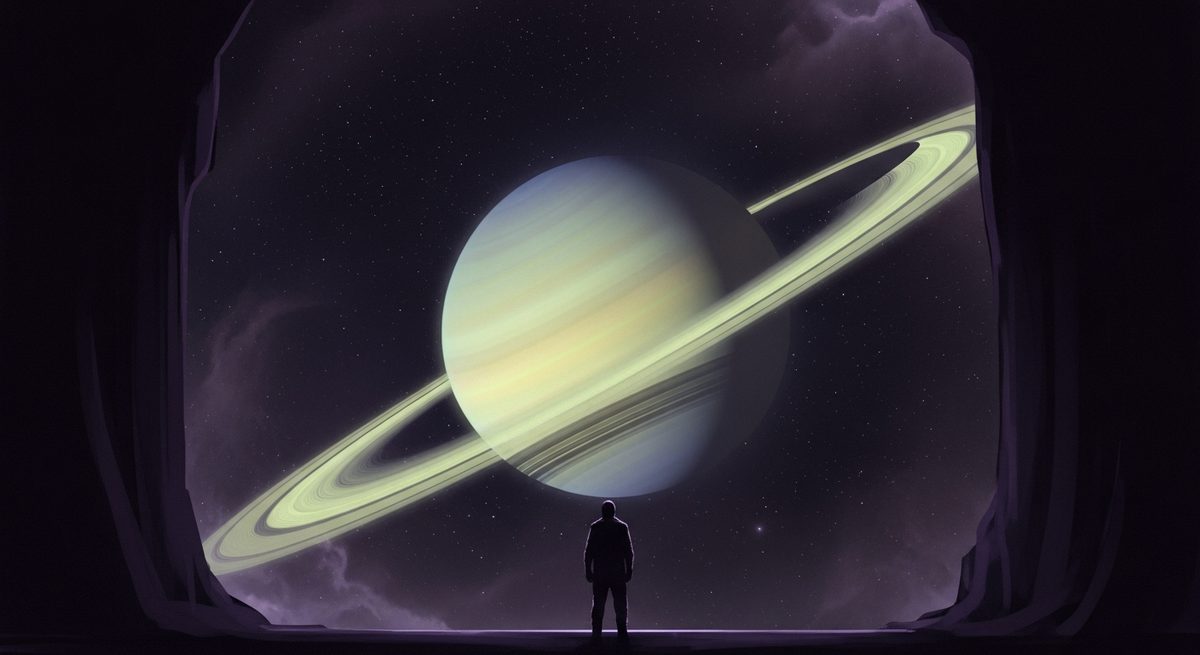 Saturn hanging vast over a small figure at a threshold