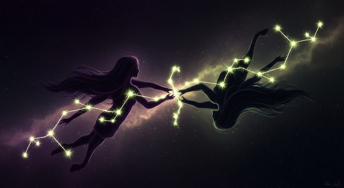 Two constellations reaching toward each other, star-lines interlacing